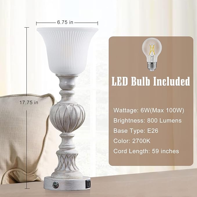 Luvkczc Touch Tall Lamps Set of 2, 18" Tall 3-Way Bedside Lamps with Glass Lampshade for Bedroom Living Room Farmhouse Office, Rustic Resin Table Lamps & Washed White