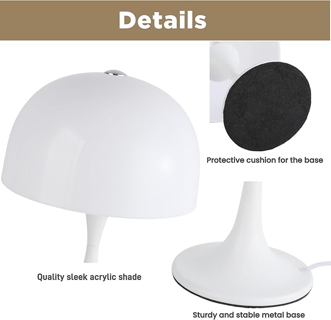 Modern Sleek Table Lamp for Bedroom, 3-Light LED End Table Lamp for Living Room, Office, Milky White Acrylic Shade Metal Mushroom Desk Lamp for Bedside Night Light, White Base