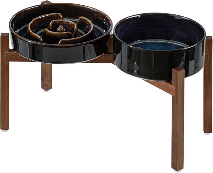 Ceramic Raised Slow Feeder Dog Bowl Set, Elevated 7.3inch Bowl and 8.2inch Dish with Acacia Wood Stand for Medium and Large Dog(2X Starry Sky+ Stand)