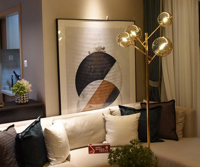 TD00145 Sputnik Chandelier Floor Lamp for Bedroom,4-Lights Glass Shade Floor Lamps for Living Room,Brass/Gold