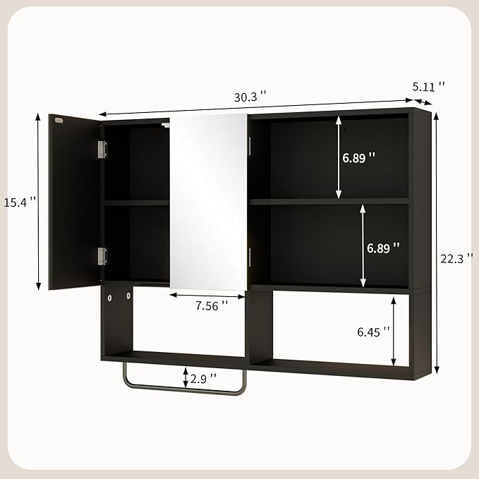 Wooden Bathroom Organizers, Over The Toilet Storage Cabinet with 2 Doors, Adjustable Shelves & Towel Bar, Wall Mounted Medicine Cabinet for Laundry with Mirror, Black