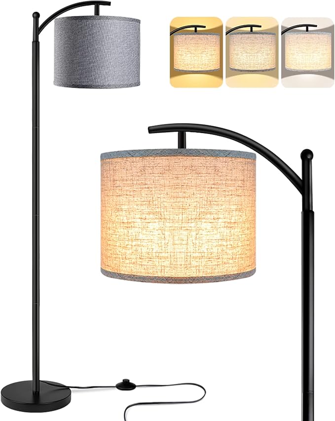 Floor Lamp with 3CCT LED Bulb, Gray Linen Lamp Shade for Living Room, Modern Standing Lamp for Bedrooms - Black