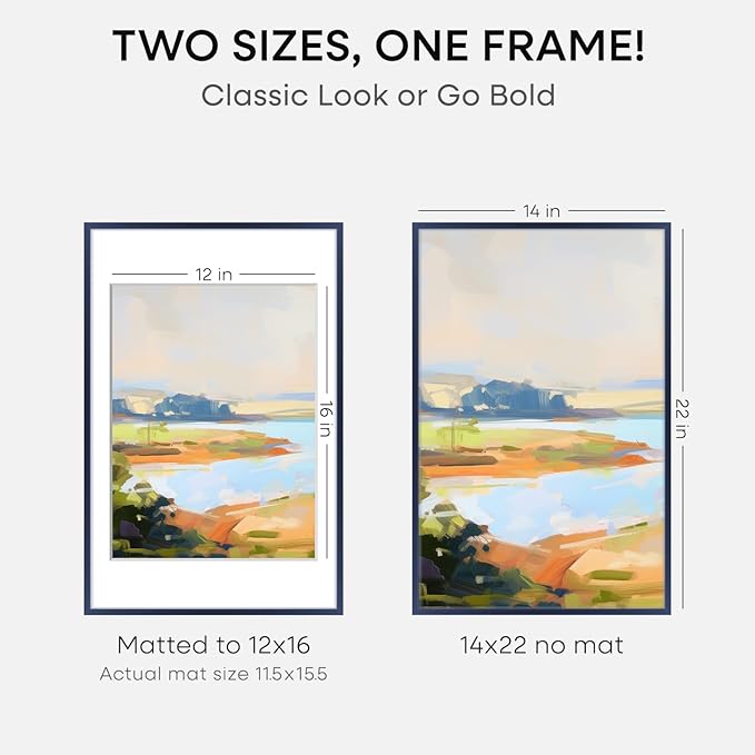 Homeforia 14x22 Picture Frame Navy Blue, High End Metal 14x22 Poster Frames with Mat 12x16 inch Photo, 14 x 22 Navy Blue Frame Matted to 12 by 16 Print, 22x14 Frame, Tempered Glass, Wall Kit, Set of 1