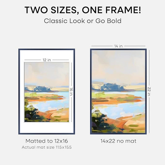 Homeforia 14x22 Picture Frame Navy Blue, High End Metal 14x22 Poster Frames with Mat 12x16 inch Photo, 14 x 22 Navy Blue Frame Matted to 12 by 16 Print, 22x14 Frame, Tempered Glass, Wall Kit, Set of 1