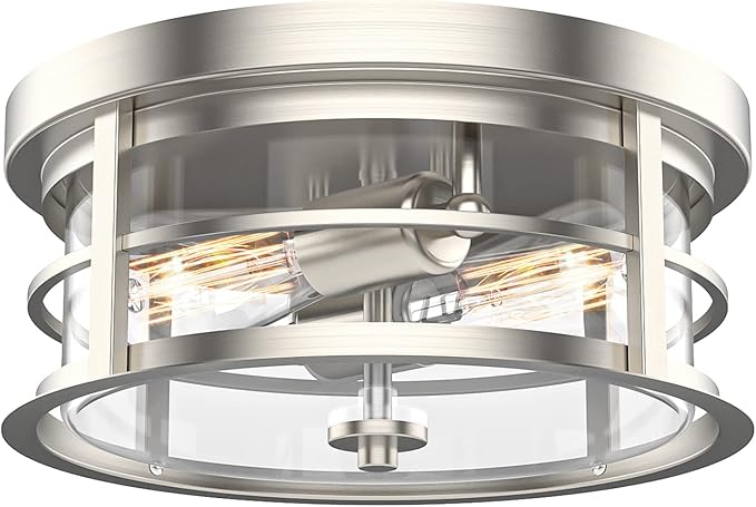EAPUDUN Flush Mount Ceiling Light, 12inch 2-Light Modern Close to Ceiling Light Fixture, Brushed Nickel Finish with Clear Glass Shade for Hallway Entryway Bedroom Porch FMA1412-BNK