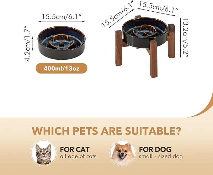 Ceramic 6.1inch Raised Slow Feeder Dog Bowl Set, Elevated Acacia Wood Stand for Small Dog and Cat, Slow Dish, Stop Bloat(Single Bowl+ Stand, Starry Sky)