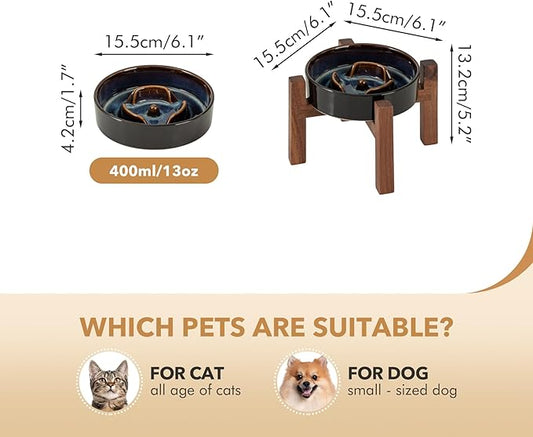 Ceramic 6.1inch Raised Slow Feeder Dog Bowl Set, Elevated Acacia Wood Stand for Small Dog and Cat, Slow Dish, Stop Bloat(Single Bowl+ Stand, Starry Sky)