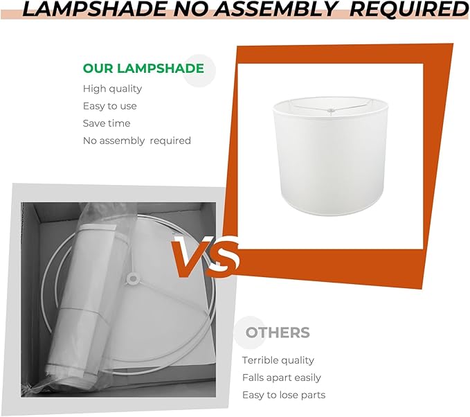 White 8" W x 9" H Drum Lampshades, No Assembly Required, Fabric Lampshade for Table Lamp, Bedside Lamp, Floor Lamp, Metal Spider Fitter