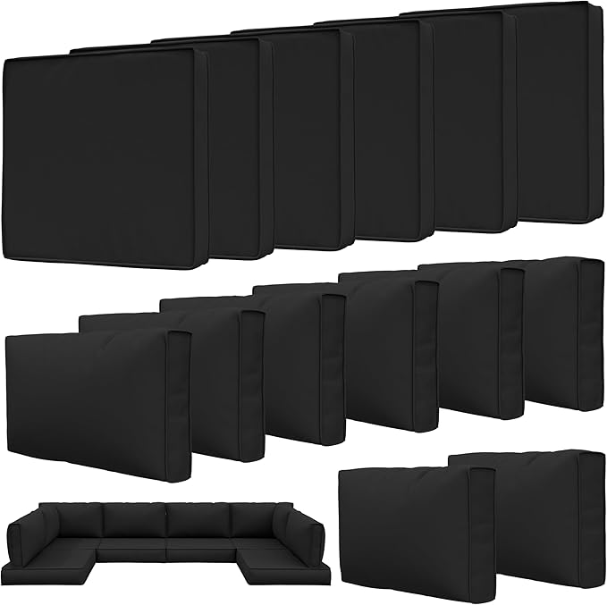 14 Pcs Outdoor Patio Cushion Covers, Replaceable Waterproof Furniture Covers, Outdoor Non-Slip Covers with Zippers, Couch 3 Sizes, Covers Only (Black)
