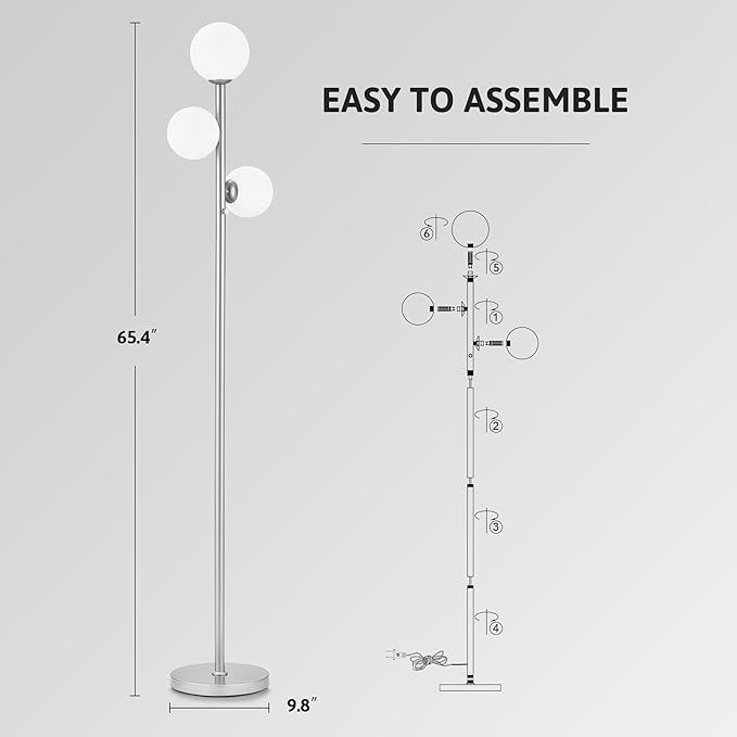 VONLUCE Mid Century Modern Floor Lamp 65", 3 Globe Lights Standing Lamp with LED Bulbs & Frosted Shades, Contemporary Dimmable Tall Pole Lamp for Living Room Bedroom Office, Nickel
