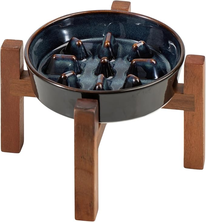 6.1inch Ceramic Raised Slow Feeder Dog Bowl Set, Elevated Bowl with Acacia Wood Stand for Small Dog and Cat, Slow Dog Food Dish for Fast Eater, Anti-Gulping(Starry Sky, Single Bowl+ Stand)