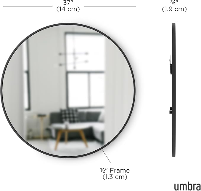 Umbra Hub Round Wall Mirror with Rubber Frame, Modern Style for Bathroom, Entryway, Living Room and More, 37-Inch, Black