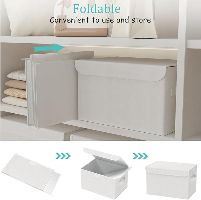 Foldable Storage Bin, Cube Organizer Basket with Flip-Top Lid and 2 Handles, Decorative Boxes for Shelves with Cover for Clothes, Towels, Blanket, 4 Pack, White, 13 x 9 x 7.9 In, XSNY12WM-4