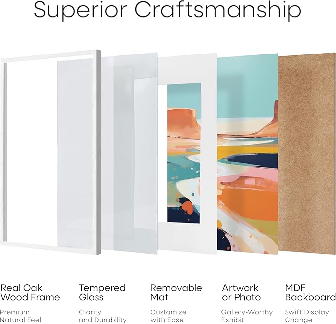 Homeforia 11x11 Picture Frame White, High-End Oak 11 x 11 Square Wooden Frames with Mat 9 by 9 inch Photo, 11by11 Wood Frame Matted to 9x9 Print, Wall Hanging Frame, Tempered Glass, Wall Kit, Set of 1