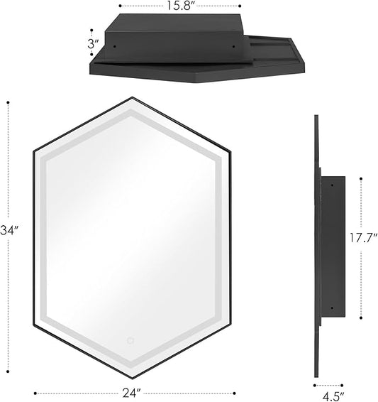 SogesHome Mirror Medicine Cabinet with 3-Color LED Lights, Hexagon Vanity Mirror Storage with 3-Tier Cabinet, Stainless Steel Frame and 2 Shelves for Bathroom, Bedroom, Entryway, Black