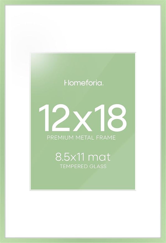 Homeforia 12x18 Picture Frame Sage Green, High End Metal 12x18 Poster Frames with Mat 8.5x11 in Photo, 12 x 18 Sage Green Frame Matted to 8.5 by 11 Art, 18x12 Frame, Tempered Glass, Wall Kit, Set of 1
