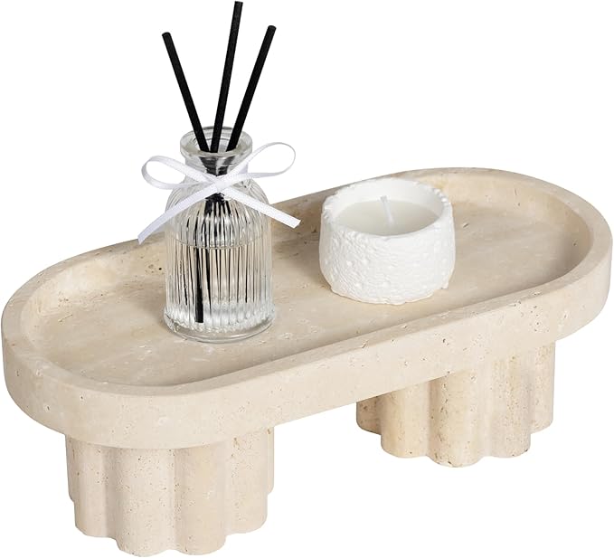 Natural Beige Travertine Oval Tray with Two Legs - 10 Inch Elegant Vanity Decor, Desk Organizer for Perfume, Jewelry & Candle Holder | Durable Stone Serving Tray