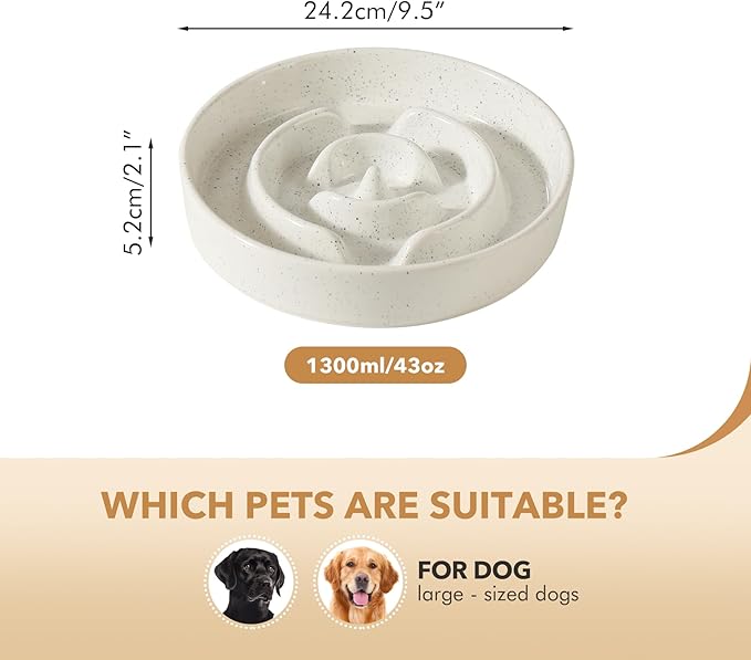Ceramic 9.5inch Dog Bowl Slow Feeder for Large Dog, Pet Slow Dish, Stop Bloat, Preventing Choking(Single Bowl, Vanilla White)