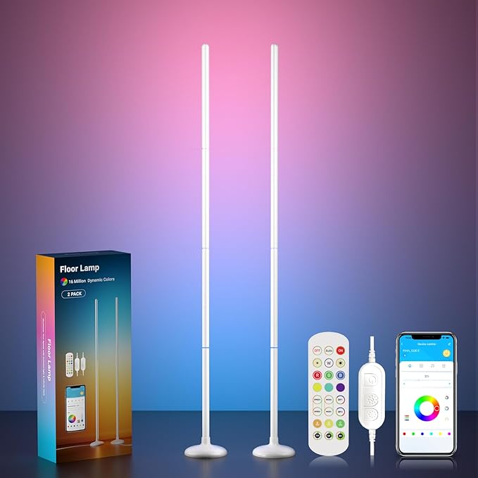 TJOY 2 Pack Smart Floor Lamps for Ambient Lighting, Crystal Joint Design, Modern LED Corner Light with Remote&APP Control, Music Sync, Color Changing Standing Lamp for Room(Whtie)
