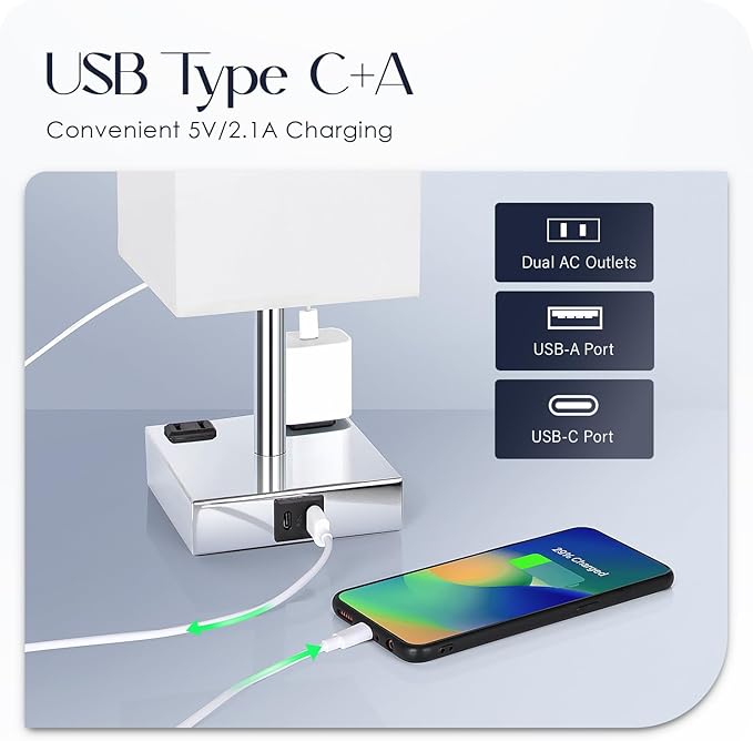 Soilsiu Set of 2 Bedside Table Lamp 3 Way Dimmable Nightstand Lamp with USB C & USB A Charging Port, 2 AC Outlets, 3000K LED Bulbs (White)