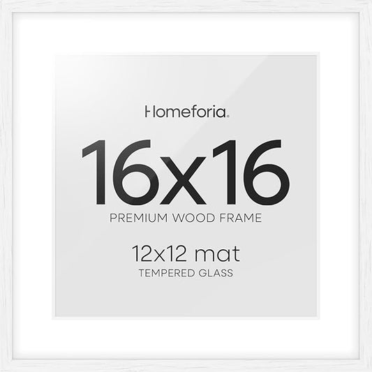Homeforia 16x16 White Picture Frame, High End Oak 16 x 16 Square Wood Frames with Mat 12 by 12 inches Photo, 16by16 White Wooden Poster Frames Matted to 12x12 Print, Tempered Glass, Wall Kit, Set of 1