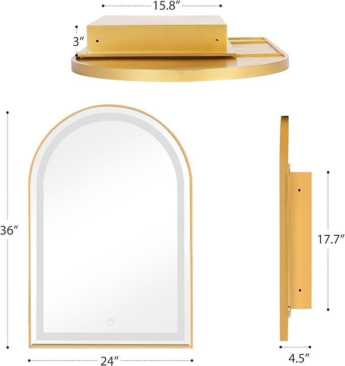 SogesHome Wall Mounted Mirror Medicine Cabinet 36"X24" with LED Lights, Arched Vanity Mirror Storage with Shelves, Modern Decro Recessed Mirror Medicine Cabinet for Bathroom, Bedroom, Gold
