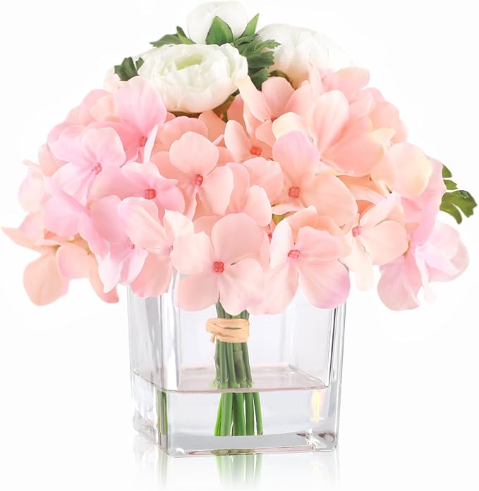 WELL KNOWN Fake Flowers in Vase, Hydrangea Ranunculus Artificial Flowers with Vase, Silk Faux Floral with Faux Water Arrangements Centerpiece for Office Dining Table Home Hotel Wedding Decor (Pink)