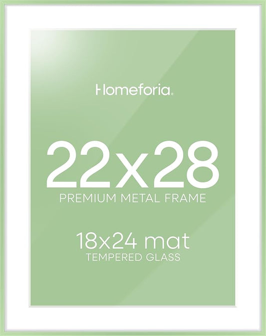 Homeforia 22x28 Sage Green Picture Frame, High End Metal 22x28 Poster Frames with Mat 18x24 inch Photo, 22 x 28 Thin Frame Matted to 18 x 24 Art, 28x22 Large Frames, Tempered Glass, Wall Kit, Set of 1