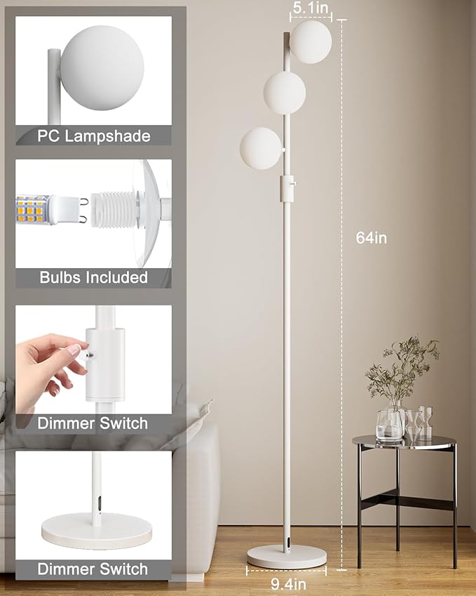 White Globe Floor Lamp Dimmable 64IN Tall Standing Lamps with Soft Warm White Eye Care 3000K G9 Bulbs, Mid Century Modern Floor Lamp for Living Room Bedroom