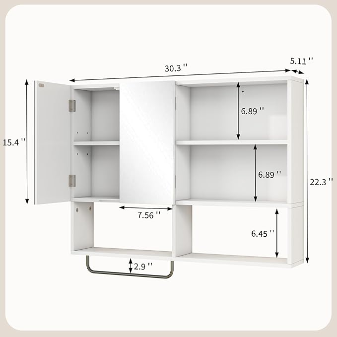 Wooden Bathroom Organizers, Over The Toilet Storage Cabinet with 2 Doors, Adjustable Shelves & Towel Bar, Wall Mounted Medicine Cabinet for Laundry with Mirror, White