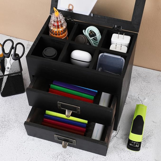 Wooden Storage Box Wooden Desk Organizer with 2 Drawers and 6 Grids Apothecary Drawers Small Wooden Drawers Small Craft Storage Containers Jewelry Holder for women(Glass Black02)
