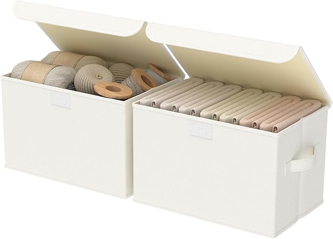 Foldable Storage Bin, Cube Organizer Basket with Flip-Top Lid and 2 Handles, Decorative Boxes for Shelves with Cover for Clothes, Towels, Blanket, 2 Pack, Beige, 13 x 9 x 7.9 In, XSNY12BEM-2