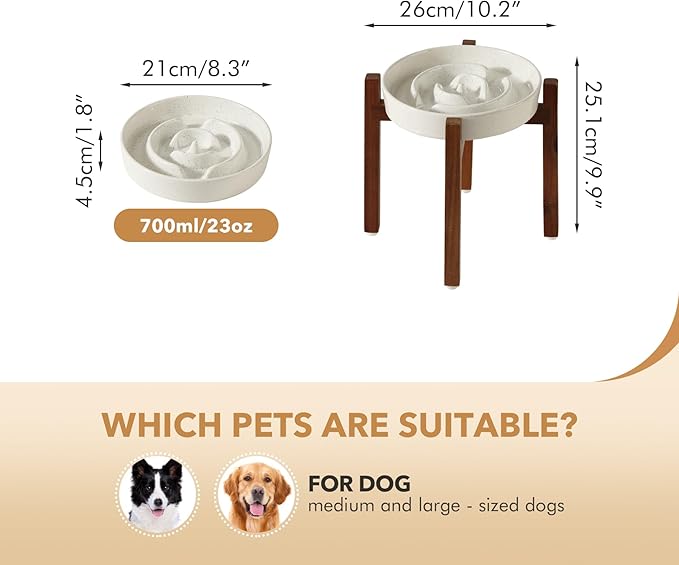Ceramic 8.2inch Raised Slow Feeder Dog Bowl Set, Elevated Acacia Wood Stand for Medium and Large Dogs, Slow Pet Dish, Stop Bloat(Single Bowl+ Stand, Vanilla White)