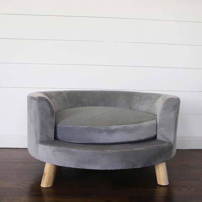 CRITTER SITTERS 28-In. Faux-Velvet Gray Dog Couch for Small to Medium-Sized Dogs, Modern and Stylish Elevated Dog Bed, Durable and Comfortable Pet Beds