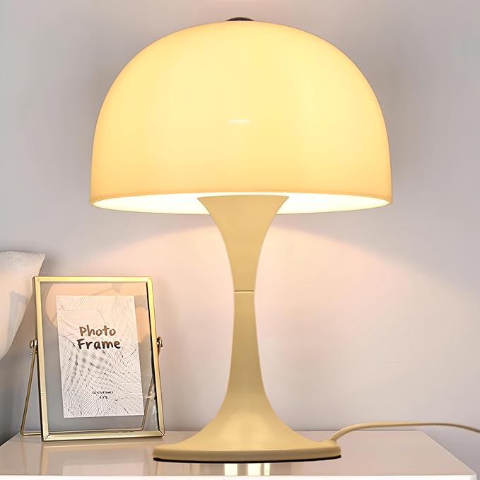 Modern Sleek Table Lamp for Bedroom, 3-Light LED End Table Lamp for Living Room, Office, Milky White Acrylic Shade Metal Mushroom Desk Lamp for Bedside Night Light, White Base