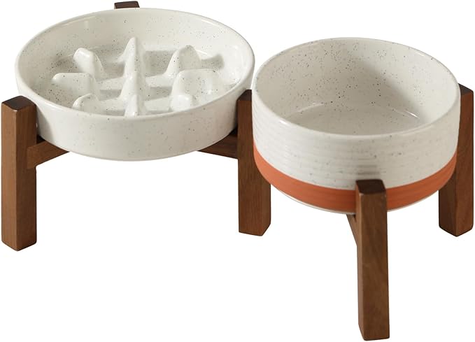 Ceramic Raised Slow Feeder Dog Food and Water Bowl Set for Fast Eaters, Elevated 6.1inch Bowl and 7.3inch Dish with Acacia Wood Stand for Small and Medium Dogs (2 x Vanilla White+ Stand)