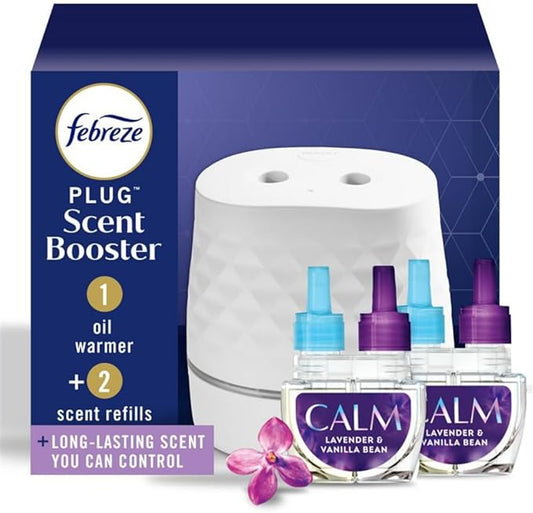 Febreze Plug Scent Booster Starter Kit, Oil Diffuser, Air Freshener Plug in, Continuous Scent Device + 2 Downy Calm Refills