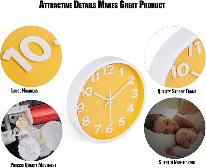 10 Inch Yellow Modern Wall Clock Silent Non-Ticking Battery Operated Wall Clocks for Home Office School Decor,3D Numbers Easy to Read