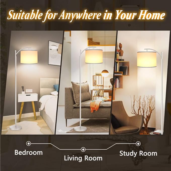 Rottogoon Floor Lamp for Living Room, LED Standing Lamp with 2 Lamp Shades for Bedroom, 9W LED Bulb Included - Silver