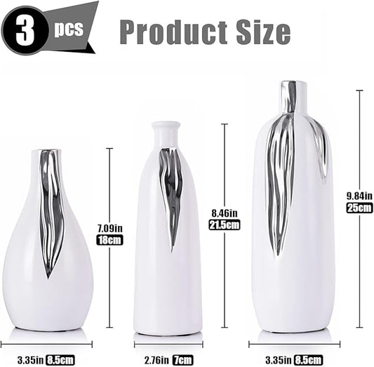 White and Silver Ceramic Vase Set of 3, Ceramic Vase Set for Decorative, White and Silver Single Stem Vases for Centerpieces Nightstand Kitchen, Boho Farmhouse Home Decoration