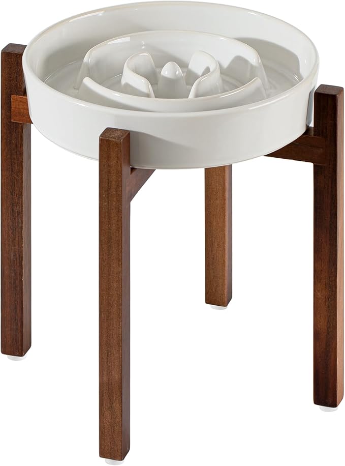 Ceramic 9.5inch Raised Slow Feeder Dog Bowl Set, Elevated Acacia Wood Stand for Large Dog, Slow Dish, Preventing Choking(Single Bowl+ Stand, Reactived Glaze -White)
