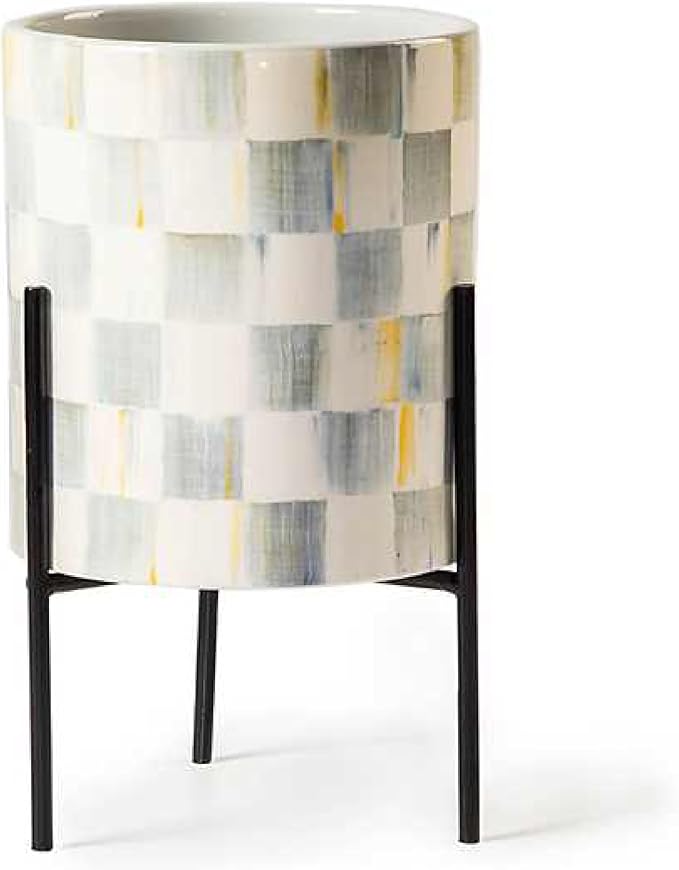 MACKENZIE-CHILDS Tabletop Ceramic Planter with Stand, Decorative Pot for Indoor Plants, Gray-and-White Sterling Check