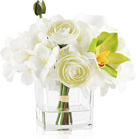 WELL KNOWN Fake Flowers in Vase, Mixed Artificial Flower with Fake Water in Glass Vase Realistic Hydrangea Calla Lily Ranunculus Silk Faux Floral Centerpiece for Coffee Dining Table Office Decor White