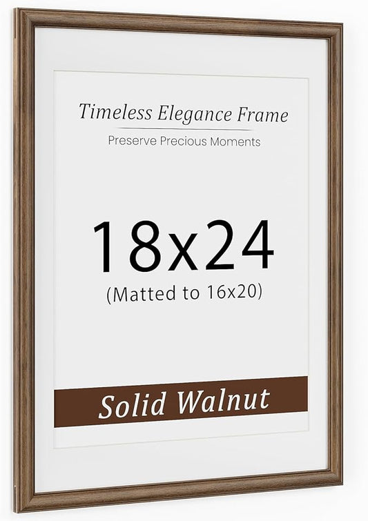 18x24 Picture Frame, USA-Sourced Walnut Wood Poster Frame with Tempered Glass, Display 16x20 with Mat, 18 by 24 Photo Frame for Vertical & Horizontal Display, Handcrafted Wood Frame, 1 Pack
