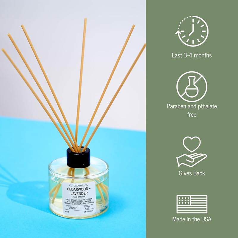 Cedarwood and Lavender Reed Diffuser, 4 fl. oz. – Flameless Home Freshener with Eucalyptus and Lemon – Long-Lasting Non-Toxic Scent – Made in USA