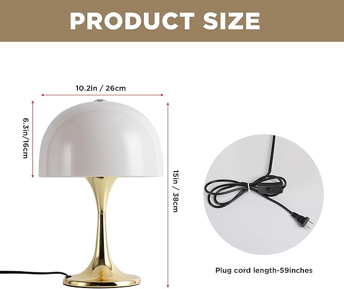 Modern Sleek Table Lamp for Bedroom, 3-Light LED End Table Lamp for Living Room, Office, Milky White Acrylic Shade Metal Mushroom Desk Lamp for Bedside Night Light, Gold Base