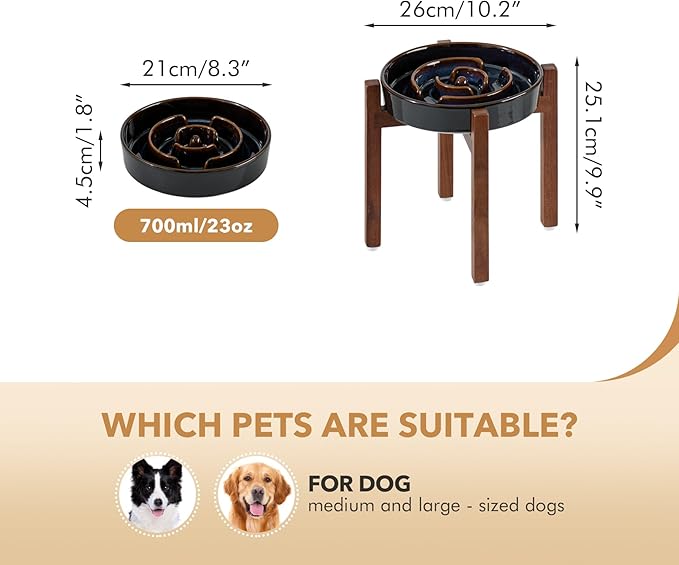 Ceramic 8.2inch Raised Slow Feeder Dog Bowl Set, Elevated Acacia Wood Stand for Medium and Large Dog, Slow Dish, Stop Bloat(Single Bowl+ Stand, Starry Sky)