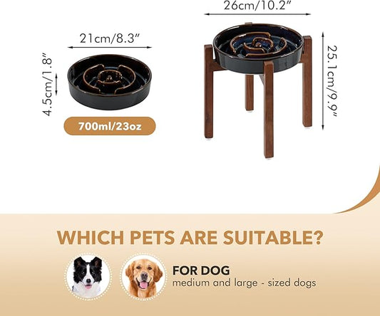 Ceramic 8.2inch Raised Slow Feeder Dog Bowl Set, Elevated Acacia Wood Stand for Medium and Large Dog, Slow Dish, Stop Bloat(Single Bowl+ Stand, Starry Sky)