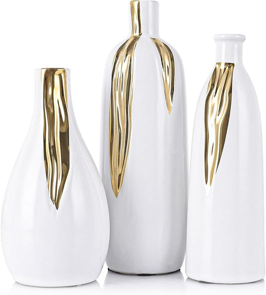 White and Gold Ceramic Vase Set of 3, Ceramic Vase Set for Decorative, White and Gold Single Stem Vases for Centerpieces Nightstand Kitchen, Boho Farmhouse Home Decoration