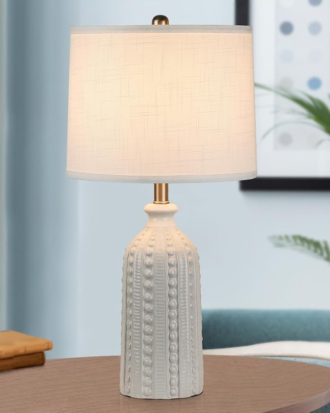 White Ceramic Table Lamp 24.5": 3-Way Dimmable Bedside Lamp with White Drum Slub Shade, Modern Nightstand Lamp for Bedroom & Living Room (Bulb Included)